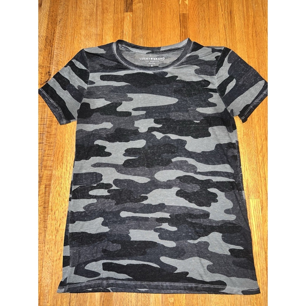 Lucky Brand Women Small Charcoal Gray Camo Soft Short Sleeve Midi Shirt Dress